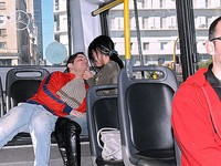 Slutty shemale drops to her knees and sucks cock on crowded bus