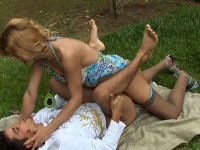 Adrielly & Lucas - Nasty dick-girl examining guy’s ass with her eager tool right in the picnic