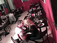 Blonde tranny getting fucked and sucking cock in a bistro